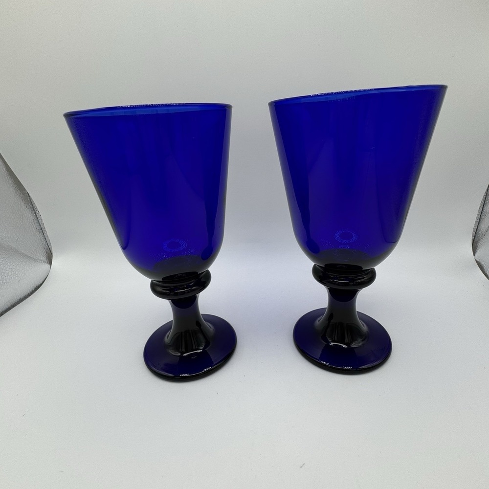 Set of 2 Cobalt Blue Stemmed Goblets Wine Water Glasses 8" Vintage Style